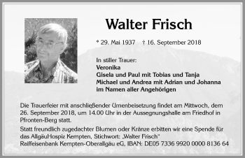 Traueranzeige von Walter Frisch von Allgäuer Zeitung, Füssen