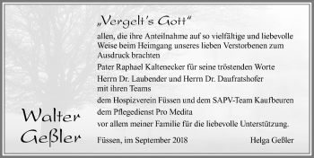 Traueranzeige von Walter Geßler von Allgäuer Zeitung, Füssen
