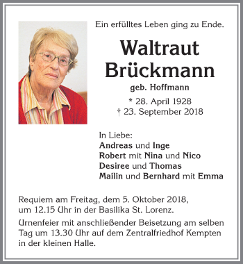 Traueranzeige von Waltraut Brückmann von Allgäuer Zeitung,Kempten