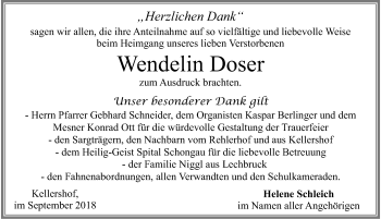 Traueranzeige von Wendelin Doser von Allgäuer Zeitung, Füssen