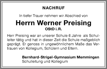 Traueranzeige von Werner Preising von Memminger Zeitung