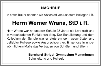 Traueranzeige von Werner Wrana von Memminger Zeitung