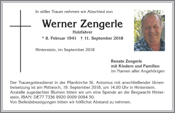 Traueranzeige von Werner Zengerle von Allgäuer Anzeigeblatt