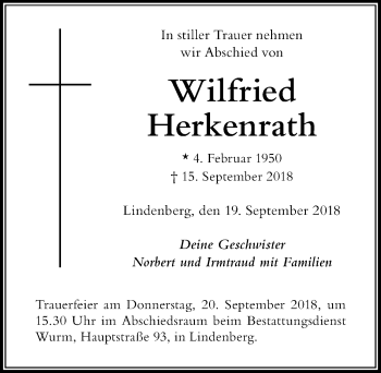 Traueranzeige von Wilfried Herkenrath von Der Westallgäuer