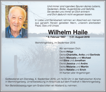 Traueranzeige von Wilhelm Haile von Memminger Zeitung