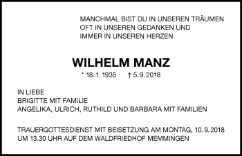 Traueranzeige von Wilhelm Manz von Memminger Zeitung
