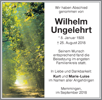 Traueranzeige von Wilhelm Ungelehrt von Memminger Zeitung