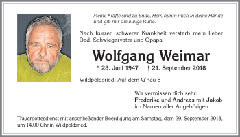 Traueranzeige von Wolfgang Weimar von Allgäuer Zeitung,Kempten