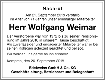Traueranzeige von Wolfgang Weimar von Allgäuer Zeitung,Kempten