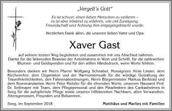 Traueranzeige von Xaver Gast von Allgäuer Zeitung, Füssen
