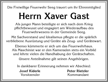 Traueranzeige von Xaver Gast von Allgäuer Zeitung, Füssen