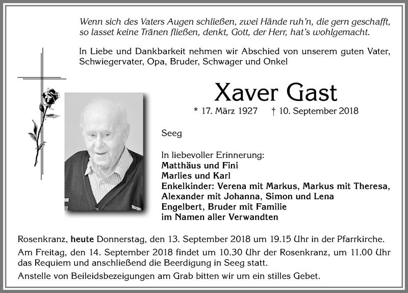  Traueranzeige für Xaver Gast vom 13.09.2018 aus Allgäuer Zeitung, Füssen