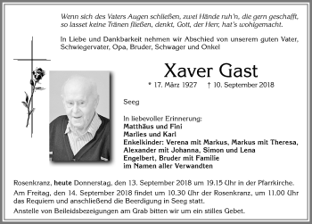 Traueranzeige von Xaver Gast von Allgäuer Zeitung, Füssen