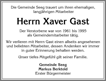 Traueranzeige von Xaver Gast von Allgäuer Zeitung, Füssen