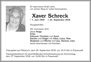 Traueranzeige von Xaver Schreck von Allgäuer Zeitung,Kempten
