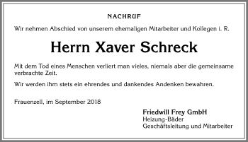 Traueranzeige von Xaver Schreck von Allgäuer Zeitung,Kempten