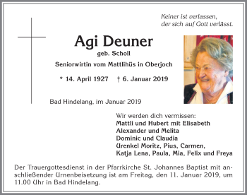 Traueranzeige von Agi Deuner von Allgäuer Anzeigeblatt