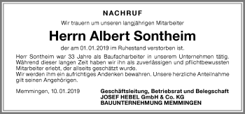 Traueranzeige von Albert Sontheim von Allgäuer Zeitung,Kempten