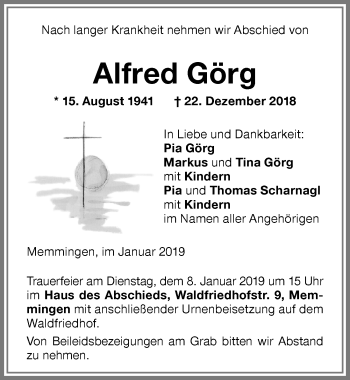 Traueranzeige von Alfred Görg von Memminger Zeitung