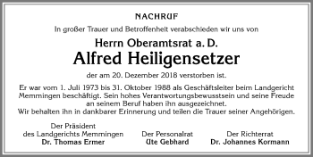 Traueranzeige von Alfred Heiligensetzer von Allgäuer Anzeigeblatt