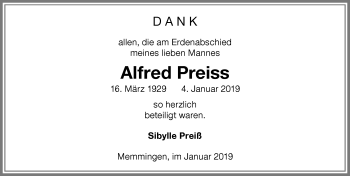 Traueranzeige von Alfred Preiss von Memminger Zeitung