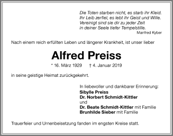 Traueranzeige von Alfred Preiss von Memminger Zeitung