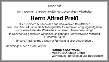 Traueranzeige von Alfred Preiß von Memminger Zeitung