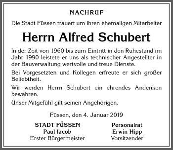 Traueranzeige von Alfred Schubert von Allgäuer Zeitung, Füssen