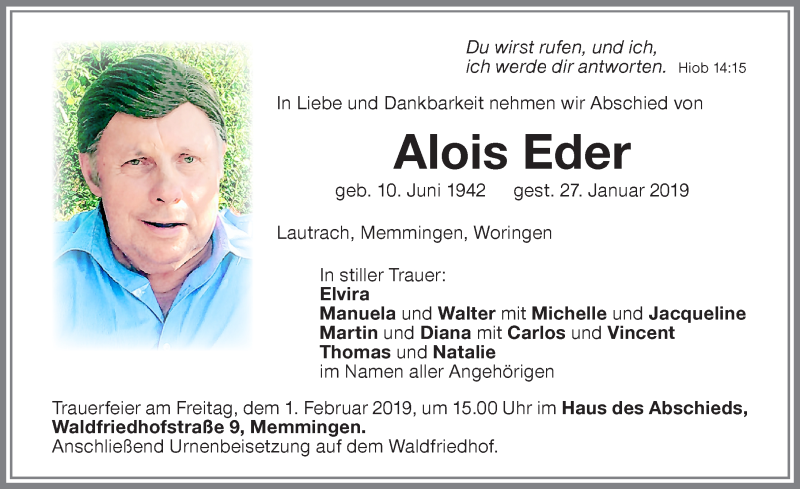  Traueranzeige für Alois Eder vom 30.01.2019 aus Memminger Zeitung