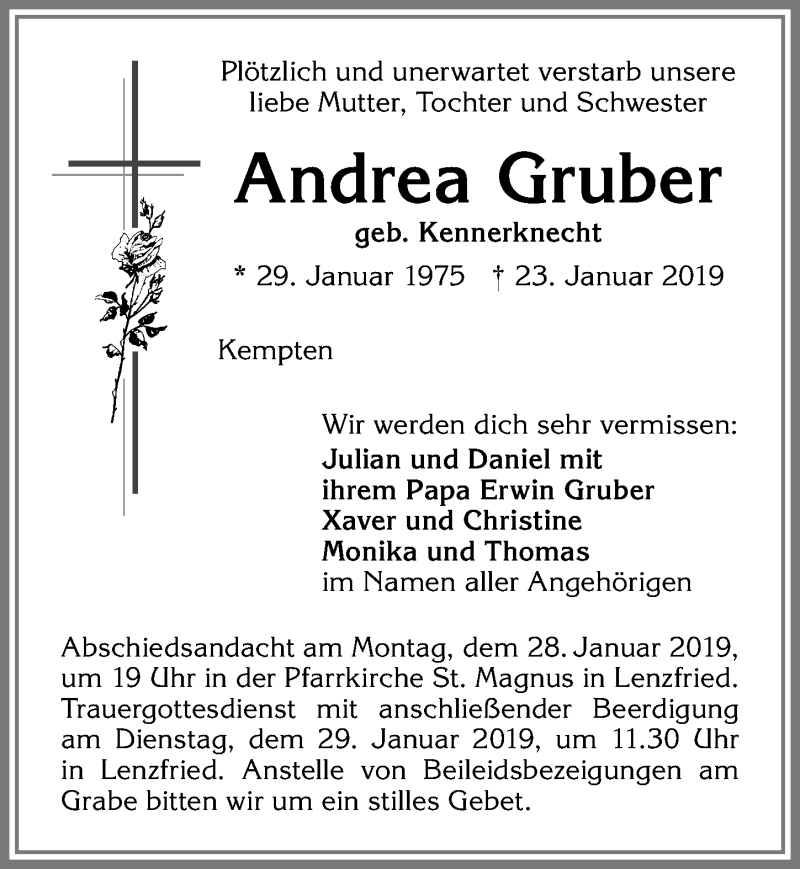  Traueranzeige für Andrea Gruber vom 26.01.2019 aus Allgäuer Zeitung,Kempten