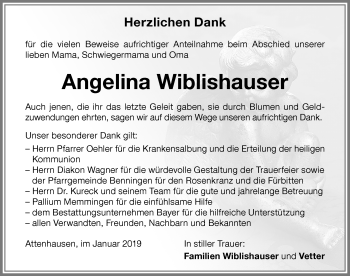 Traueranzeige von Angelina Wiblishauser von Memminger Zeitung