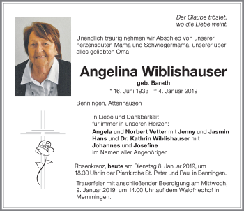 Traueranzeige von Angelina Wiblishauser von Memminger Zeitung