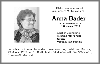 Traueranzeige von Anna Bader von Allgäuer Zeitung