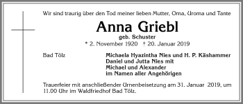 Traueranzeige von Anna Griebl von Allgäuer Zeitung, Kaufbeuren/Buchloe