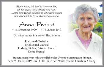 Traueranzeige von Anna Probst von Allgäuer Zeitung, Marktoberdorf