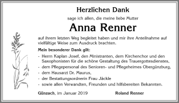 Traueranzeige von Anna Renner von Allgäuer Zeitung, Marktoberdorf