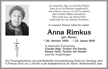 Traueranzeige von Anna Rimkus von Allgäuer Zeitung, Marktoberdorf