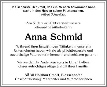 Traueranzeige von Anna Schmid von Allgäuer Zeitung, Marktoberdorf