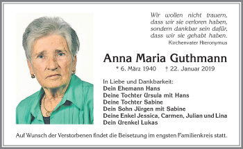 Traueranzeige von Anna Maria Guthmann von Allgäuer Zeitung,Kempten