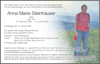 Traueranzeige von Anna Maria Steinhauser von Der Westallgäuer