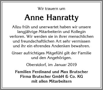 Traueranzeige von Anne Hanratty von Allgäuer Anzeigeblatt