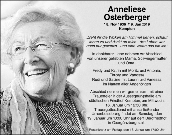 Traueranzeige von Anneliese Osterberger von Allgäuer Zeitung