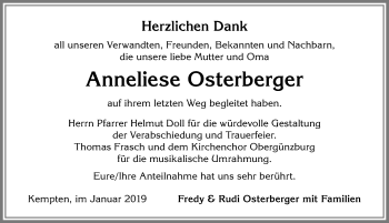 Traueranzeige von Anneliese Osterberger von Allgäuer Zeitung