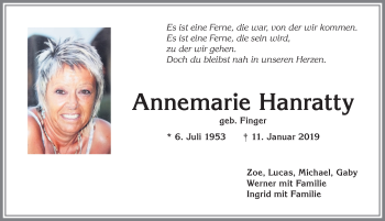 Traueranzeige von Annemarie Hanratty von Allgäuer Anzeigeblatt
