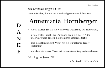 Traueranzeige von Annemarie Hornberger von Der Westallgäuer