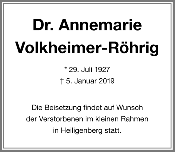 Traueranzeige von Annemarie Volkheimer-Röhrig von Memminger Zeitung