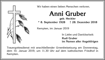 Traueranzeige von Anni Gruber von Allgäuer Zeitung,Kempten