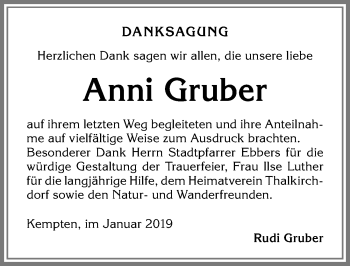 Traueranzeige von Anni Gruber von Allgäuer Zeitung,Kempten