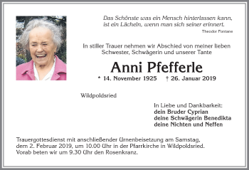 Traueranzeige von Anni Pfefferle von Allgäuer Zeitung,Kempten