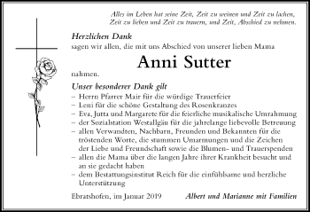 Traueranzeige von Anni Sutter von Der Westallgäuer